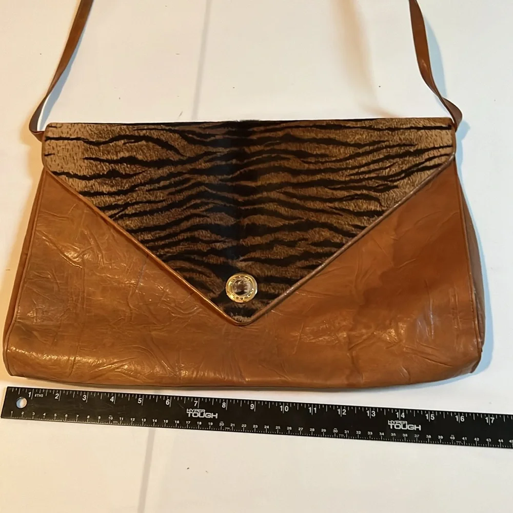 Gabriella cognac Brown leather animal print envelope crossbody bag communter bag